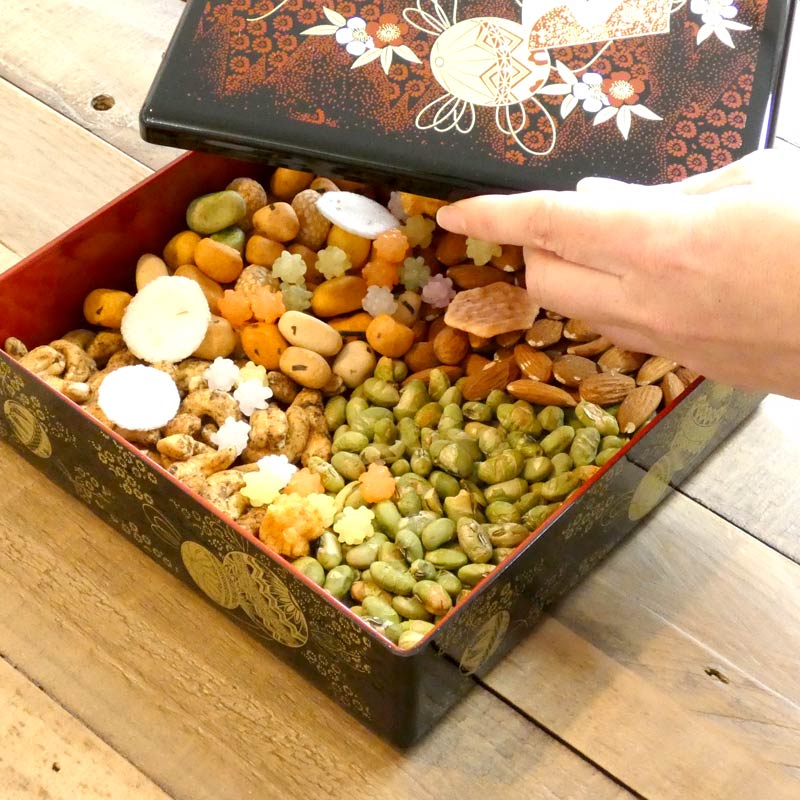 Opening a 'fukiyose' box filled with Japanese snacks