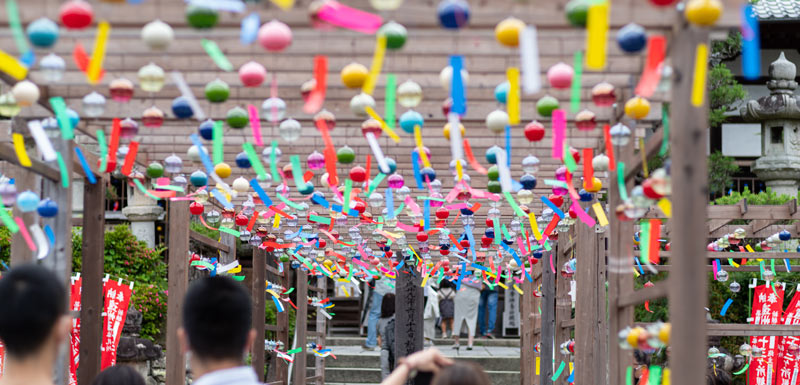 Furin wind chimes hanging at a Japanese shrine