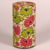 Tall washi paper tea caddy with green and pink floral design