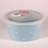 Medium ceramic food storage container & microwave dish in pale blue with polka dot pattern