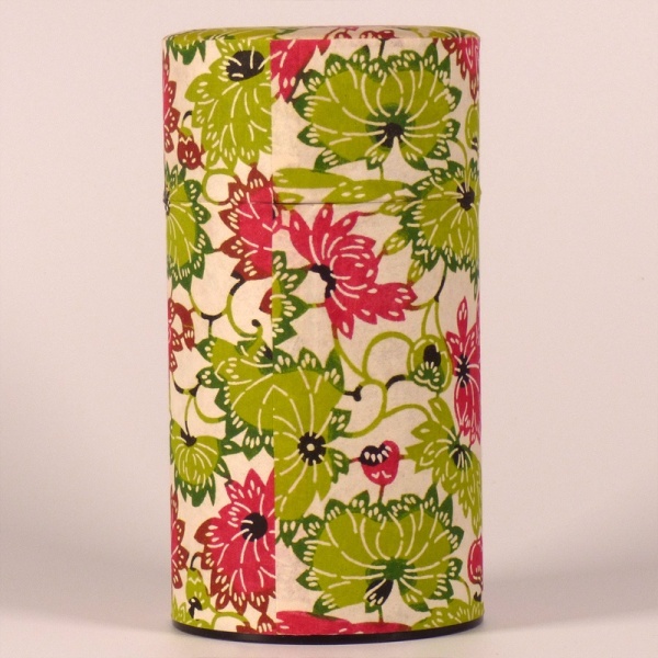 Tall washi paper tea caddy with green and pink floral design