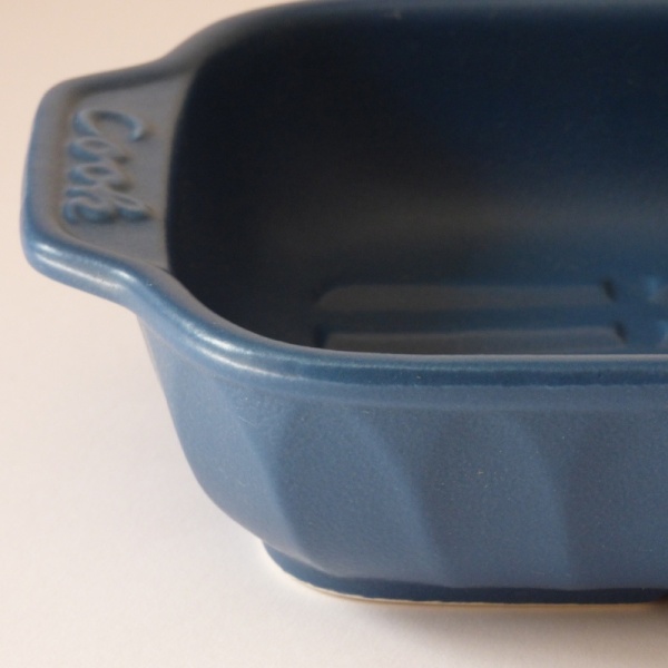 Close up of blue ceramic gratin dish