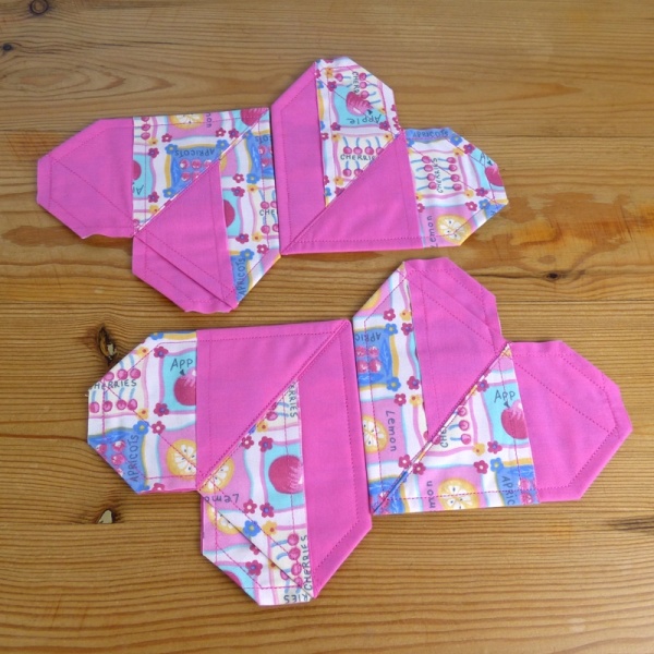 Origami Heart coasters in pink patterned fabrics