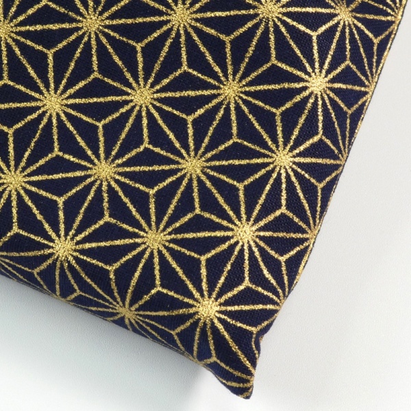 Close up of dark blue hemp leaf design fabric bag