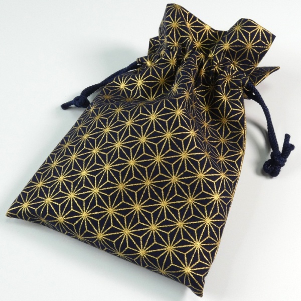 Fabric storage bag in dark blue Japanese fabric printed with gold hemp leaf design