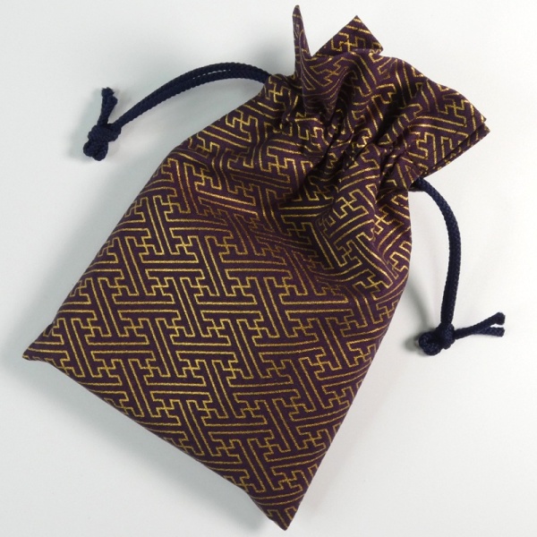 Japanese fabric drawstring bag in dark purple with printed key pattern