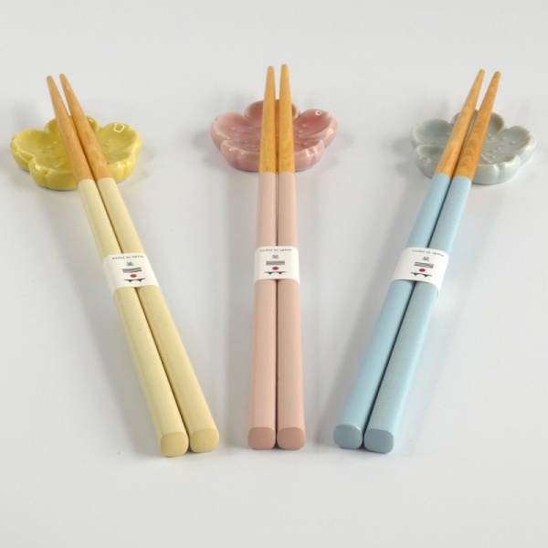 Pastel chopstick and chopstick rest sets in pastel pink, yellow and blue