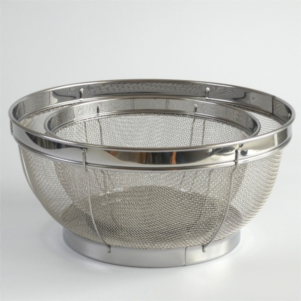 Two larger sized free-standing Japanese stainless steel mesh sieve baskets