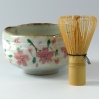 Sakura design Japanese matchawan tea bowl and bamboo chasen whisk