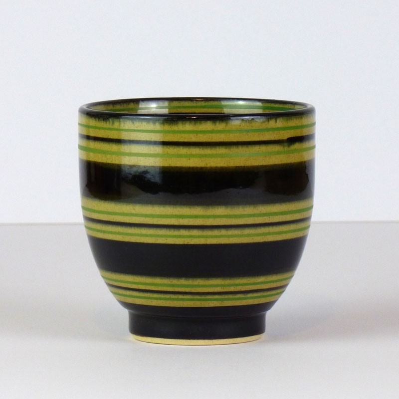 Black Japanese tea cup with green stripe pattern