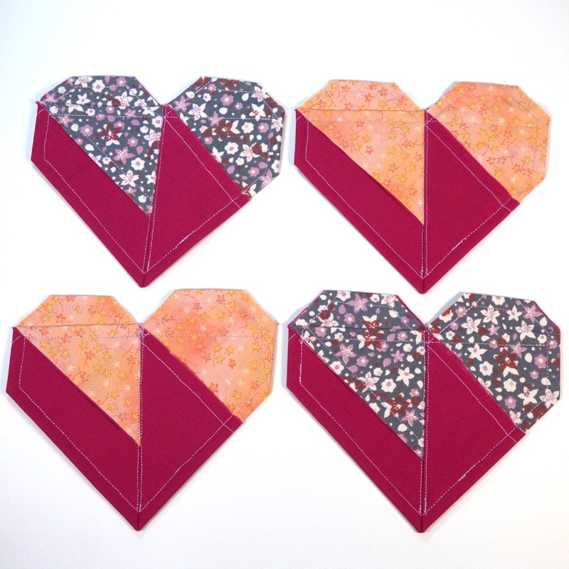 Set of 4 Origami Heart shaped fabric coasters in Autumn berry colours