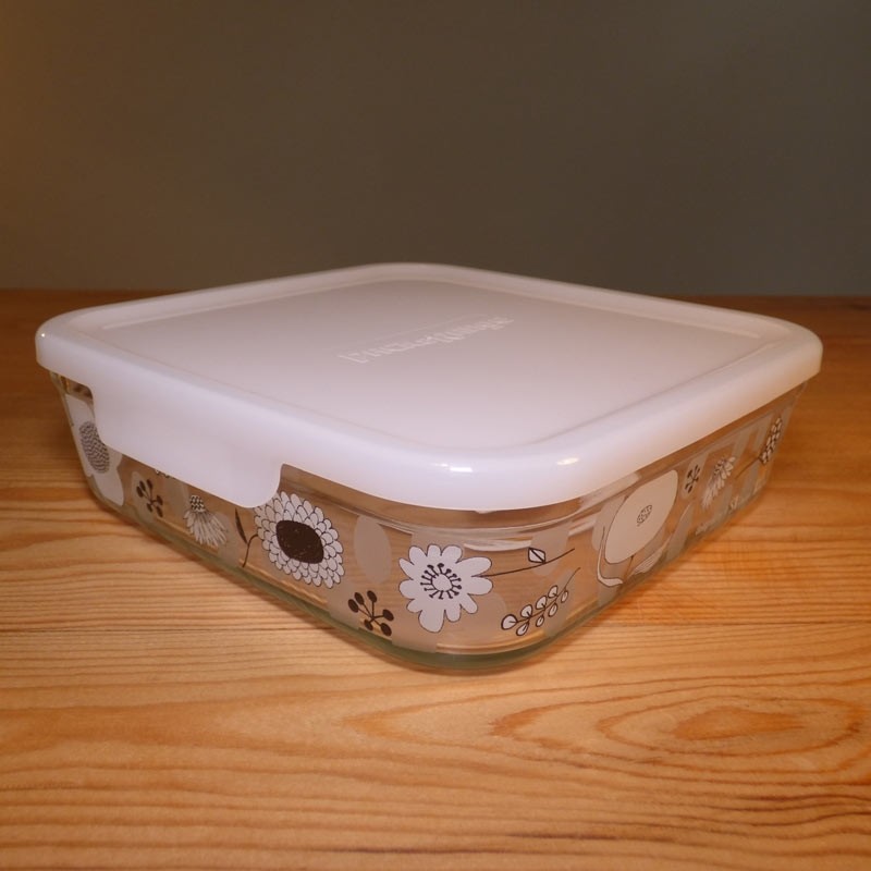 Large-size glass storage container with black & white floral design by Shinzi Katoh