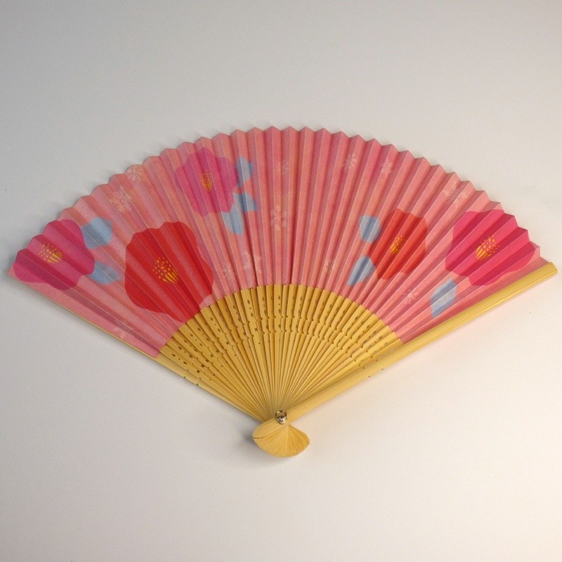 Pink 'Snow Camellia' Japanese folding fan