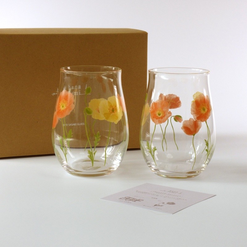 Two Hana-fumi poppy design tumblers alongside gift box