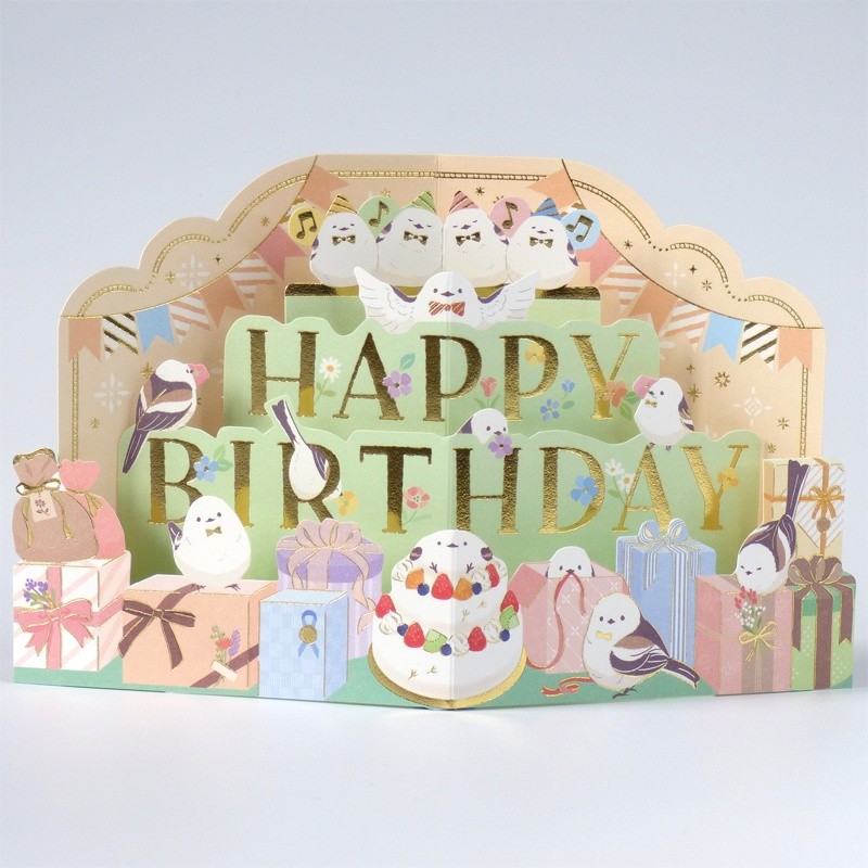 3D popup greetings card with Happy Birthday words and small birds, presents and cake design