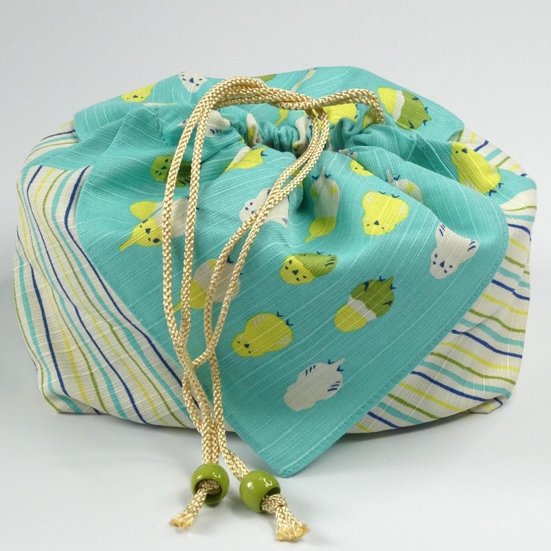 Cotton fabric bento bag with drawstring ties and cute budgie design