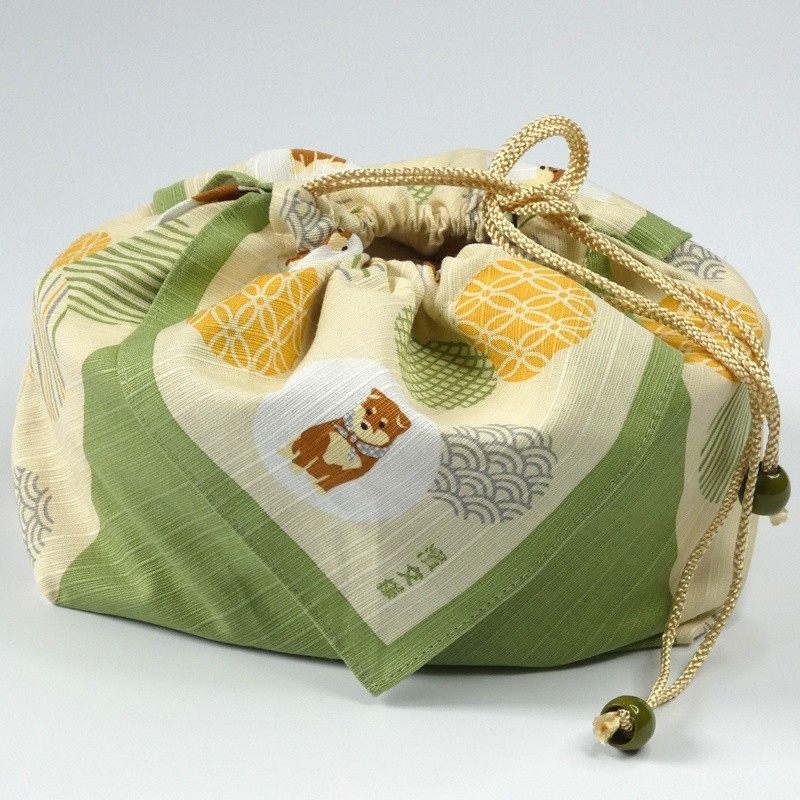 Cotton fabric bento bag with drawstring ties and shiba inu dog design