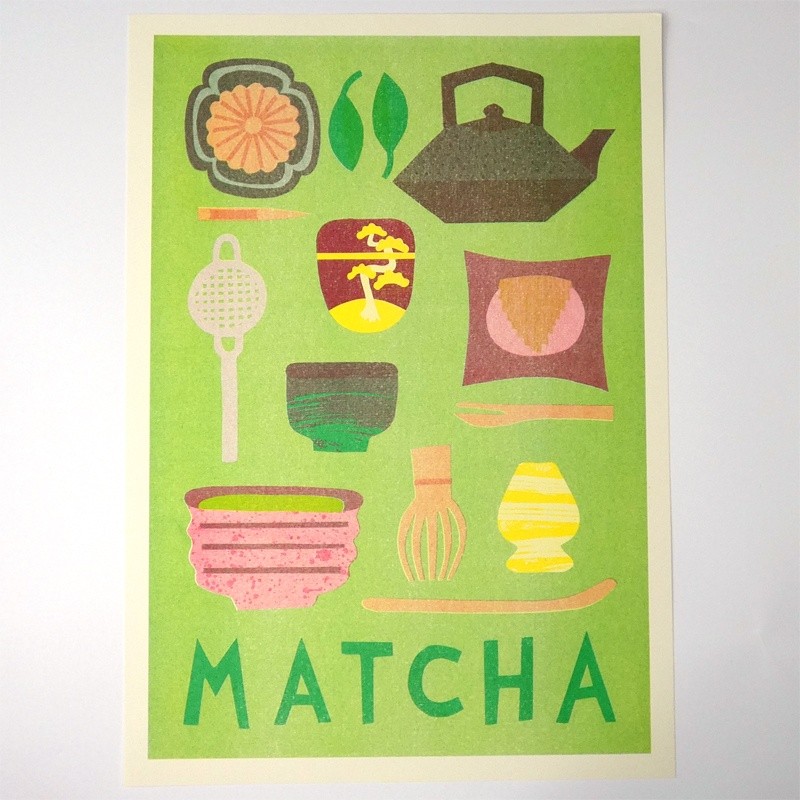 A3 Japan inspired print featuring matcha tea related objects