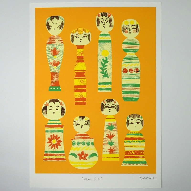 A3 Japan inspired print featuring kokeshi dolls