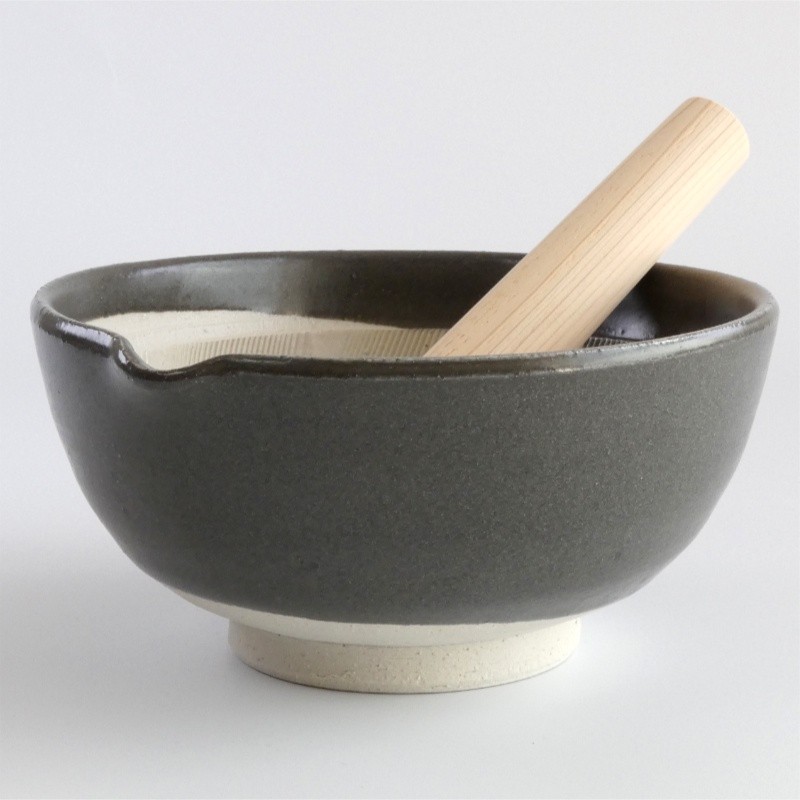 Extra large Japanese suribachi with black glaze, including a hinoki wood surikogi